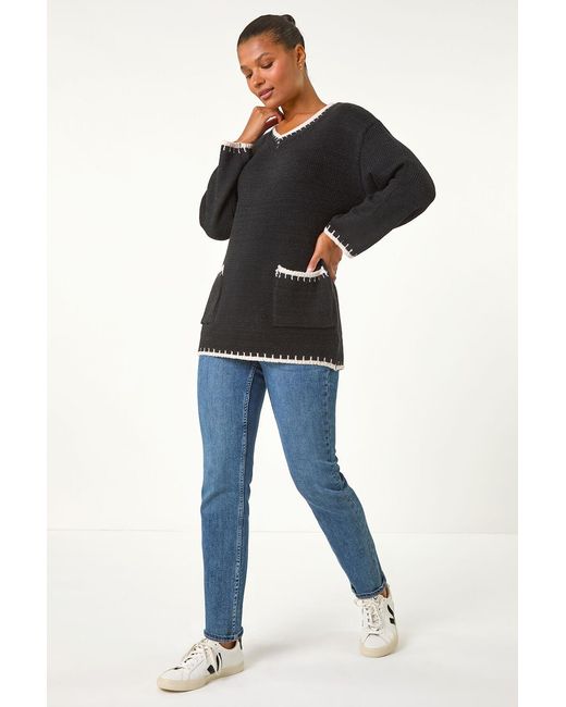 Roman Black Blanket Stitch V-Neck Knitted Jumper