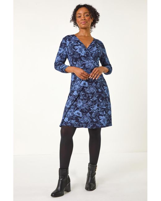 Roman Petite Blue Shadow Floral Wrap Stretch Dress