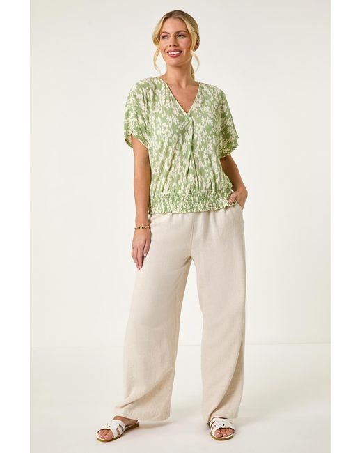 Roman Petite Green Floral Print Crinkle Blouson Top