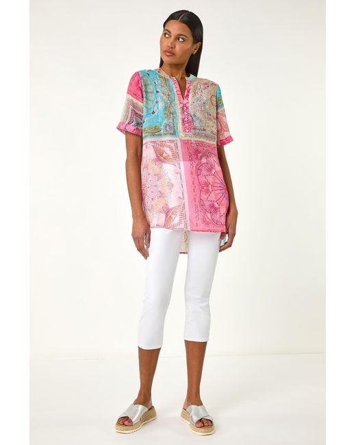 Roman Red Scarf Print Hotfix Buttoned Top