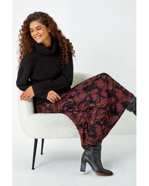 Roman Black Paisley Print Midi Stretch Skirt