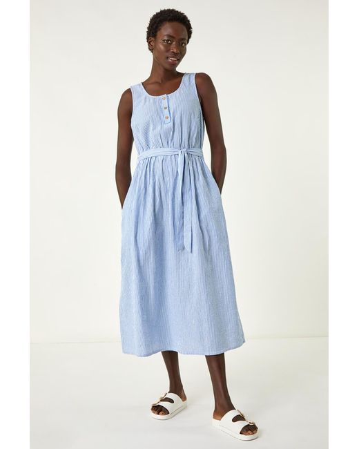Roman Blue Pinstripe Belted Midi Dress