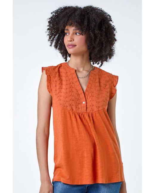 Roman Orange Embroidered Frill Cotton Blend V-Neck Vest Top