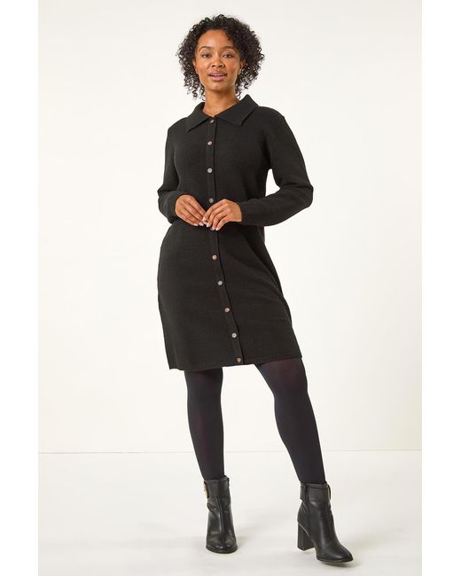 Roman Petite Black Collared Knit Shift Dress