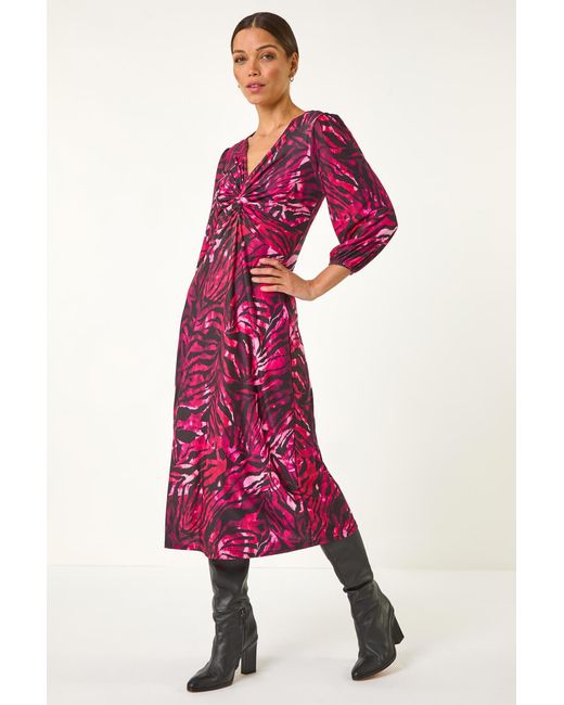 Roman Pink Zebra Print Twist Front Midi Dress