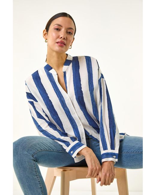 Roman Blue Stripe Print Relaxed Button Shirt
