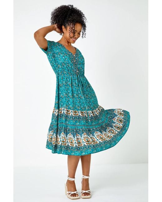 Roman Petite Blue Floral Border Print Midi Dress
