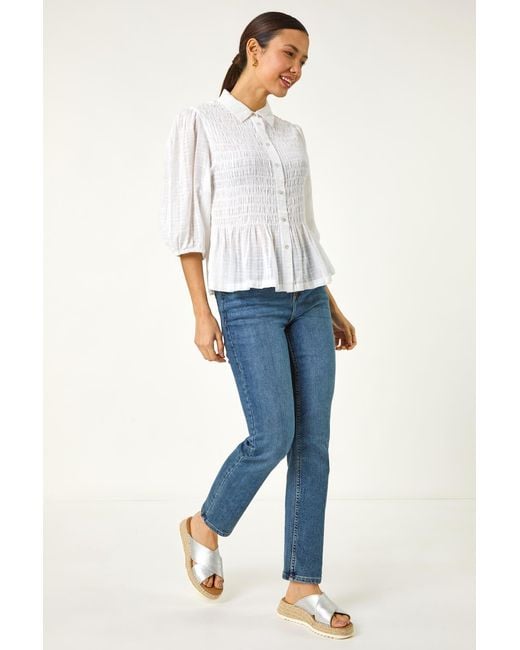Roman White Collar Shirred Button Blouse