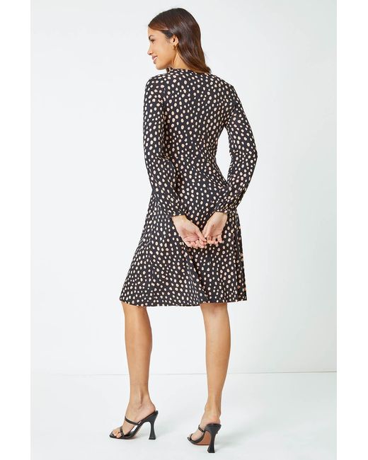 Roman Black Polka Dot Print Casual Midi Tea Dress