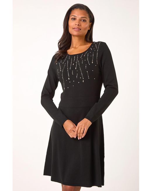 Roman Black Diamante Detail Knitted Dress