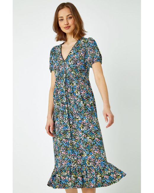 Roman Blue Ditsy Floral Lace Detail Midi Dress