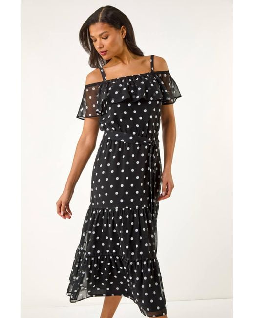 Roman Black Spot Print Bardot Midi Dress