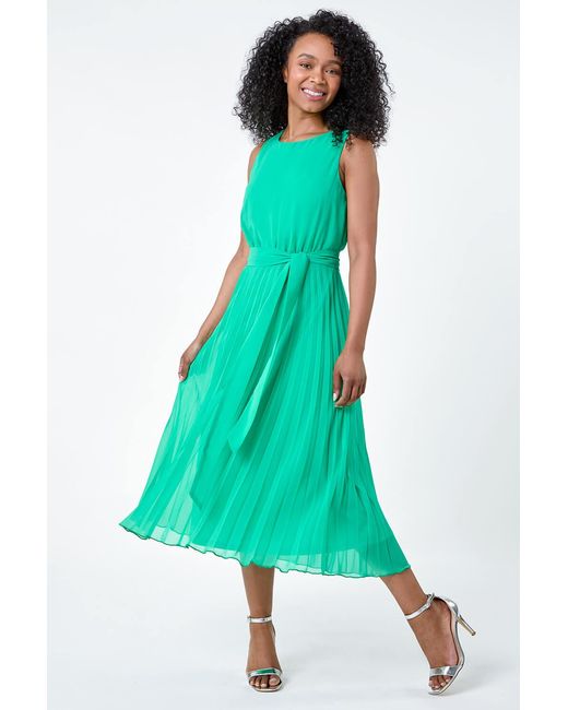 Roman Petite Green Pleated Chiffon Midi Dress