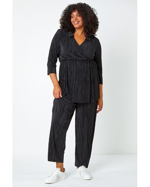 Roman Curve Black Plisse Elastic Waist Wide Leg Trousers