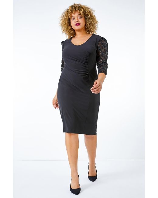Roman Curve Black Lace Sleeve Stretch Shift Dress