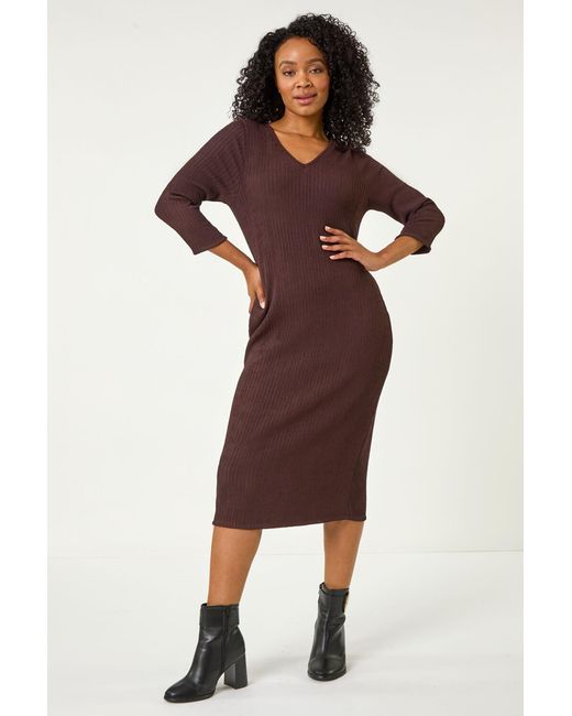 Roman Petite Textured V-Neck Stretch Midi Dress