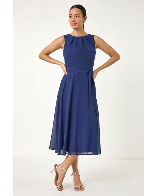 Roman Blue Chiffon Pleated Neck Midi Dress