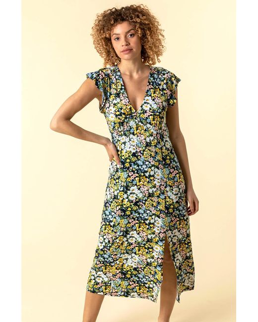 Roman Multicolor Floral Print Frill Sleeve Dress