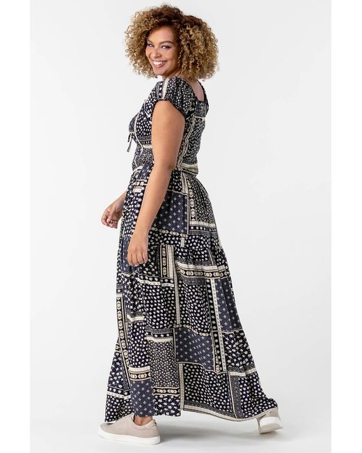 Roman Curve Blue Shirred Patchwork Bardot Dress