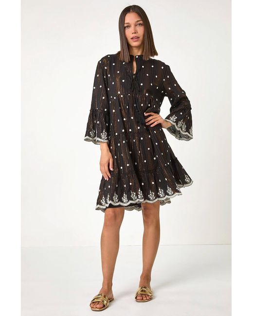 Roman Black Mirrored Shimmer Detail Cotton Smock Dress