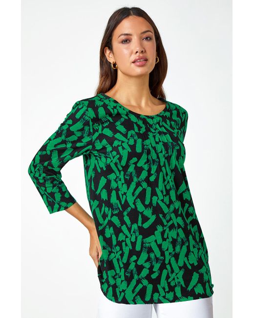 Roman Green Cotton Abstract Print Pleated Top