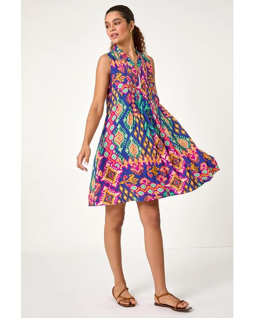 Roman Red Aztec Print Pintuck Detail Smock Dress