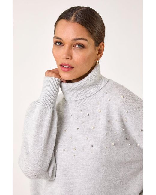 Roman White Faux Pearl Roll Neck Knit Jumper
