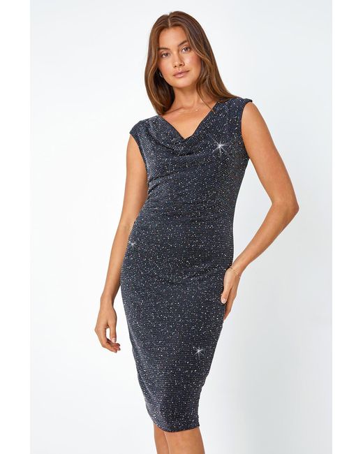 Roman Blue Shimmer Cowl Neck Stretch Dress