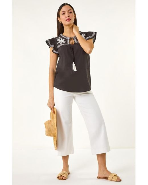Roman White Embroidered Tie Front Top