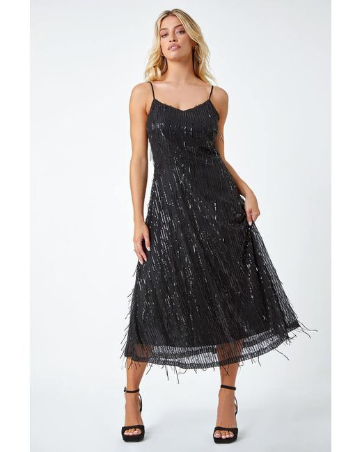 Roman Black Dusk Fashion Sequin Tassel Midi Stretch Dress