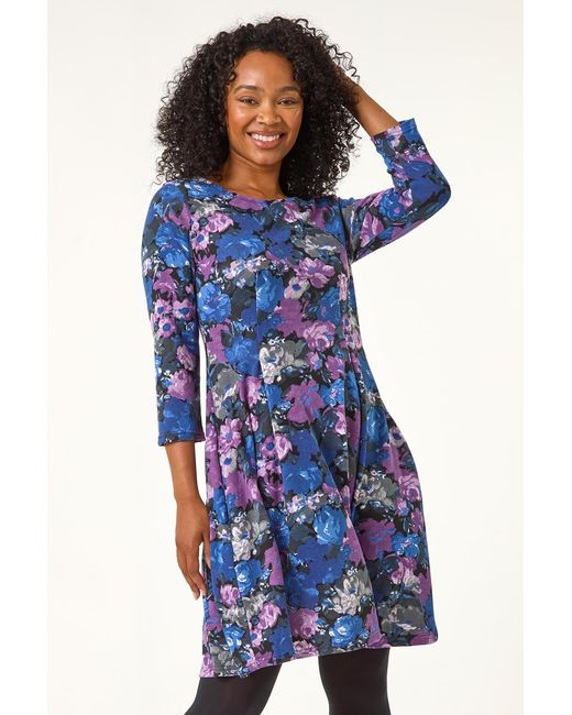 Roman Petite Blue Floral Print A-Line Stretch Dress