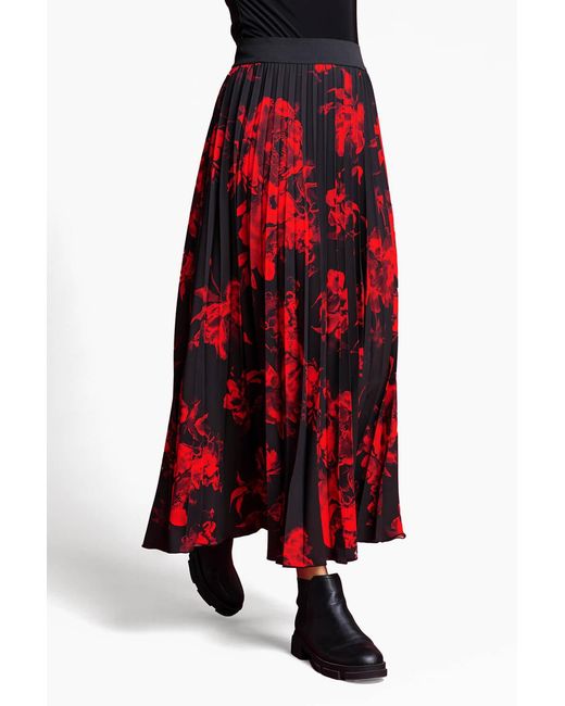 Roman Red Floral Print Pleated Maxi Skirt
