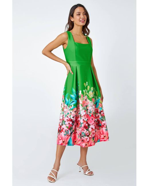 Roman Green Premium Stretch Floral Midi Dress