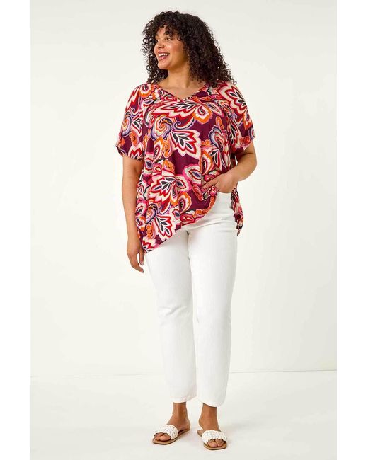 Roman Curve Red Floral Print Cold Shoulder Top