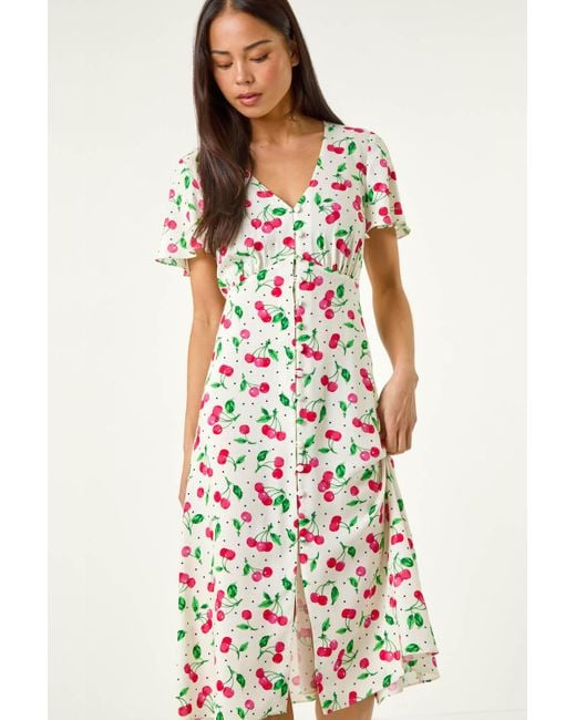 Roman Petite White Cherry Print Button Tea Dress