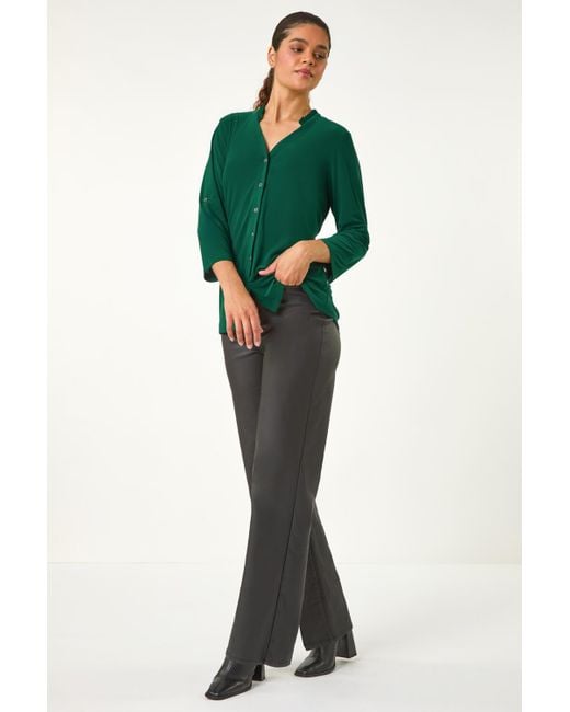 Roman Green Button Through V-Neck Stretch Blouse