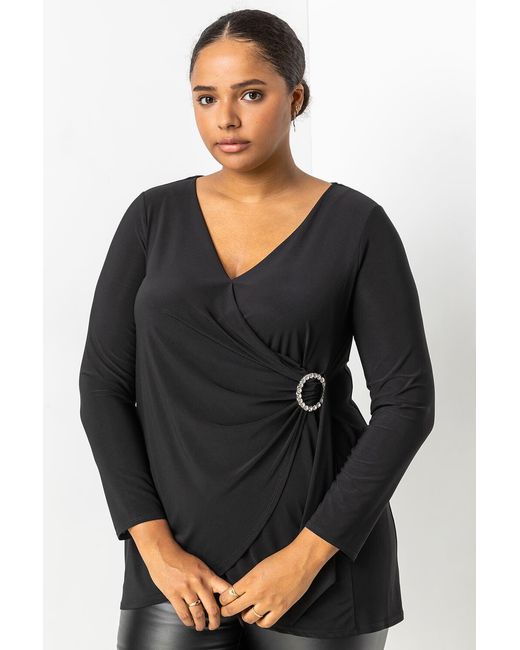 Roman Curve Black Wrap Diamante Buckle Top