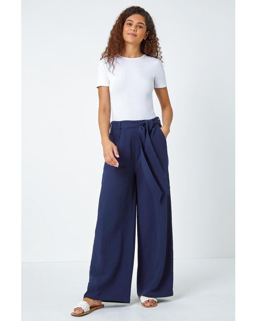 Roman Blue Textured Cotton Wide Leg Trousers