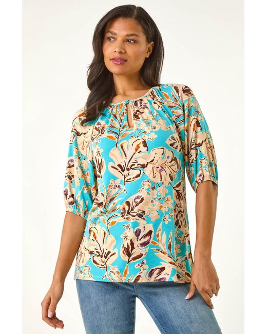 Roman Blue Floral Printed Keyhole Front Stretch Top