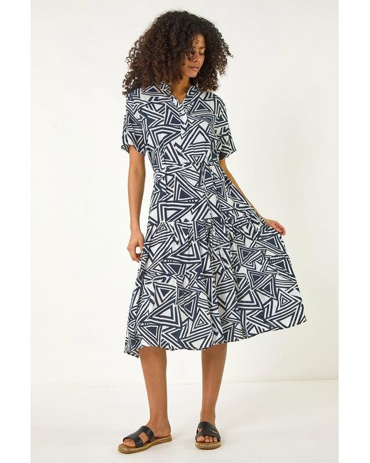 D.u.s.k Blue Abstract Print Midi Shirt Dress