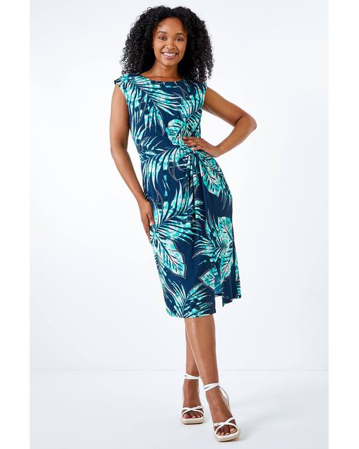 Roman Petite Blue Tropical Twist Waist Ruched Dress