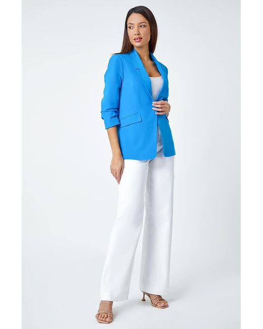 Roman Blue Ruched 3/4 Sleeve Stretch Blazer
