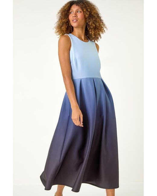 Roman Blue Ombre Pleated Luxe Stretch Midi Dress