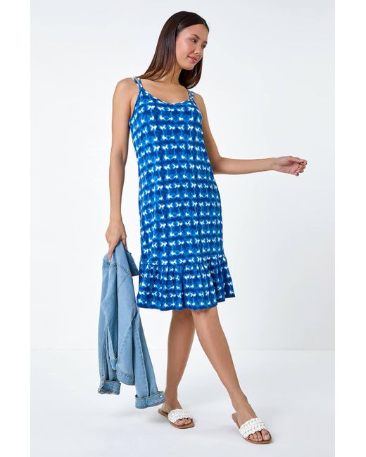Roman Blue Tie Dye Print Strappy Stretch Dress