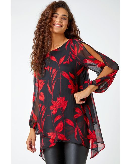 Roman Floral Chiffon Layered Tunic Top