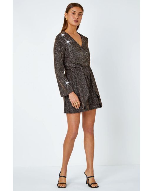 Roman Brown Shimmer Stripe Wrap Stretch Playsuit