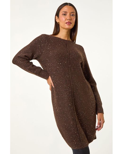 Roman Brown Sequin Embellished Stretch Jumper Dress