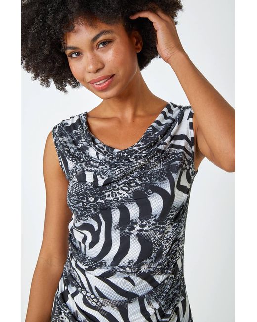 Roman Black Sleeveless Textured Animal Print Top