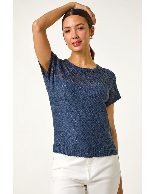 Roman Blue Crochet Mixed Knit Top