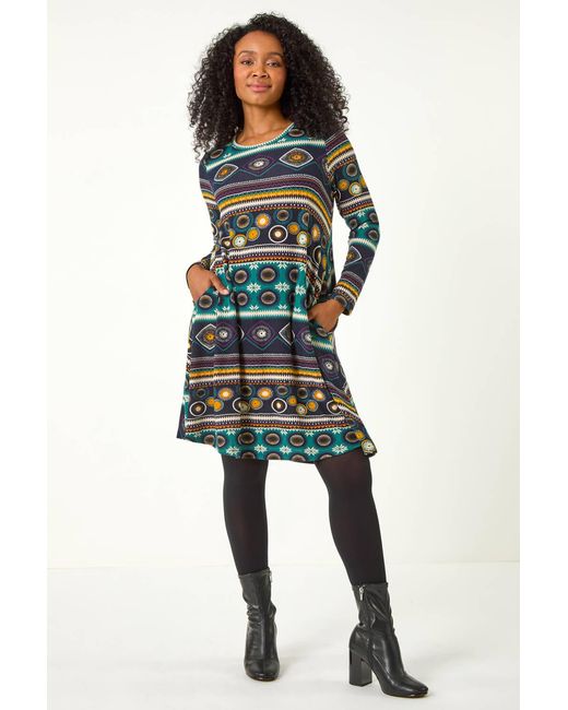 Roman Petite Blue Nordic Print Swing Stretch Dress